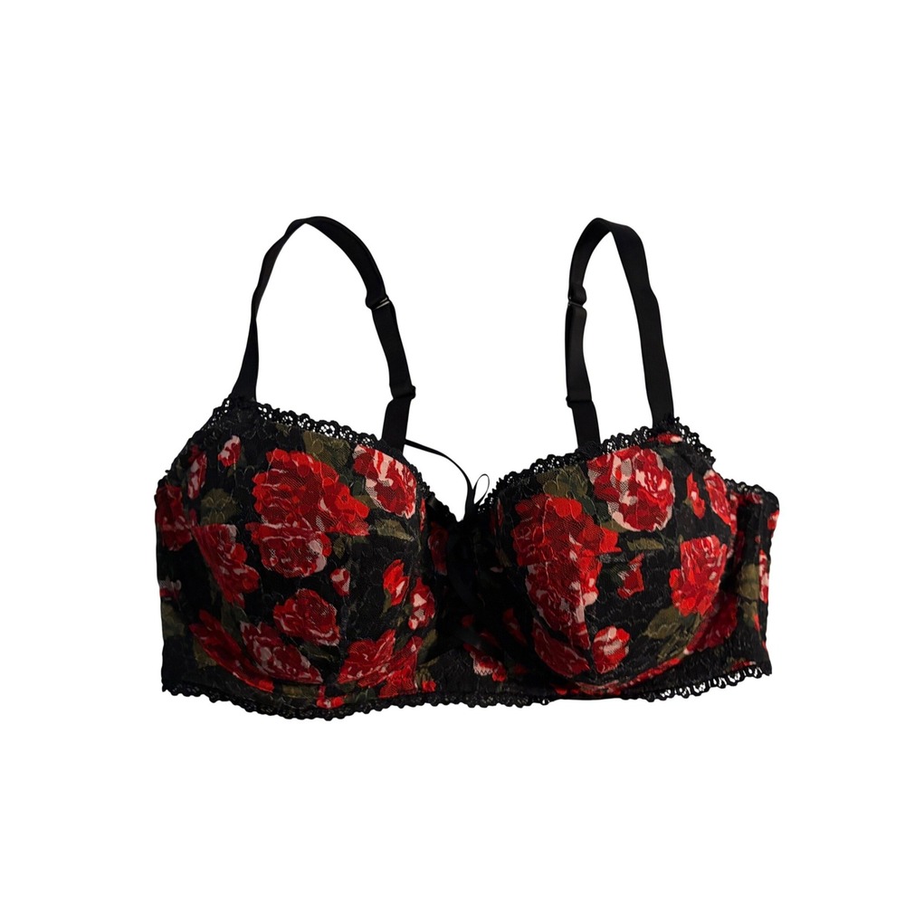Savage X Fenty Bra Floral Lace Balconette Red Black Lace Up 38DD Romantic